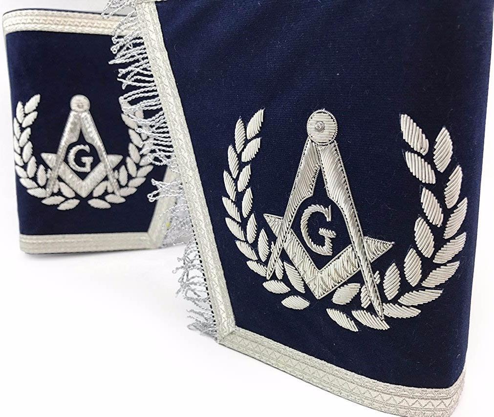 Master Mason Blue Lodge Cuff - Navy Blue & Silver Hand Embroidery with Fringe - Bricks Masons
