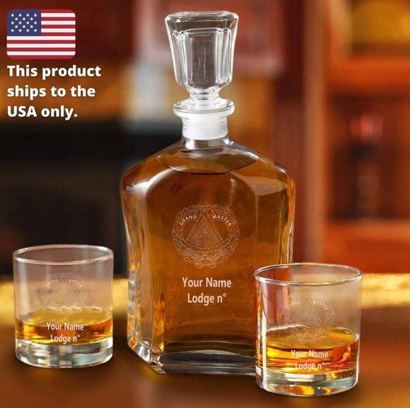 Grand Master Blue Lodge Decanter - 2 Whiskey Tumbler Glasses Set - Bricks Masons