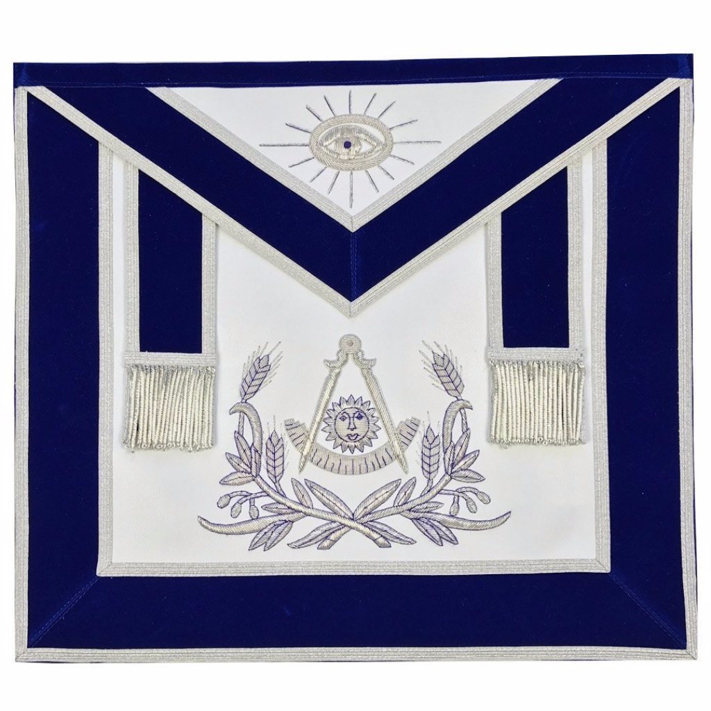 Past Master Blue Lodge Apron - Blue Velvet with Silver Hand Embroidery - Bricks Masons