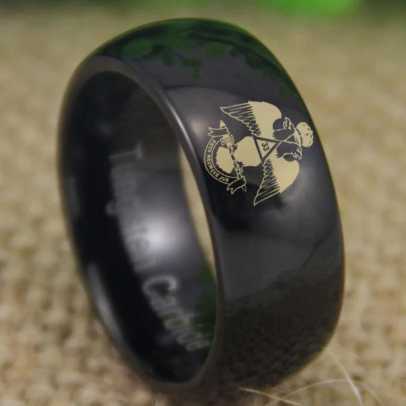 33rd Degree Scottish Rite Ring - Wings Down Black Dome Tungsten - Bricks Masons