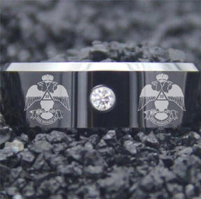 33rd Degree Scottish Rite Ring - Wings Down Black Silver Bevel With CZ Stone - Bricks Masons