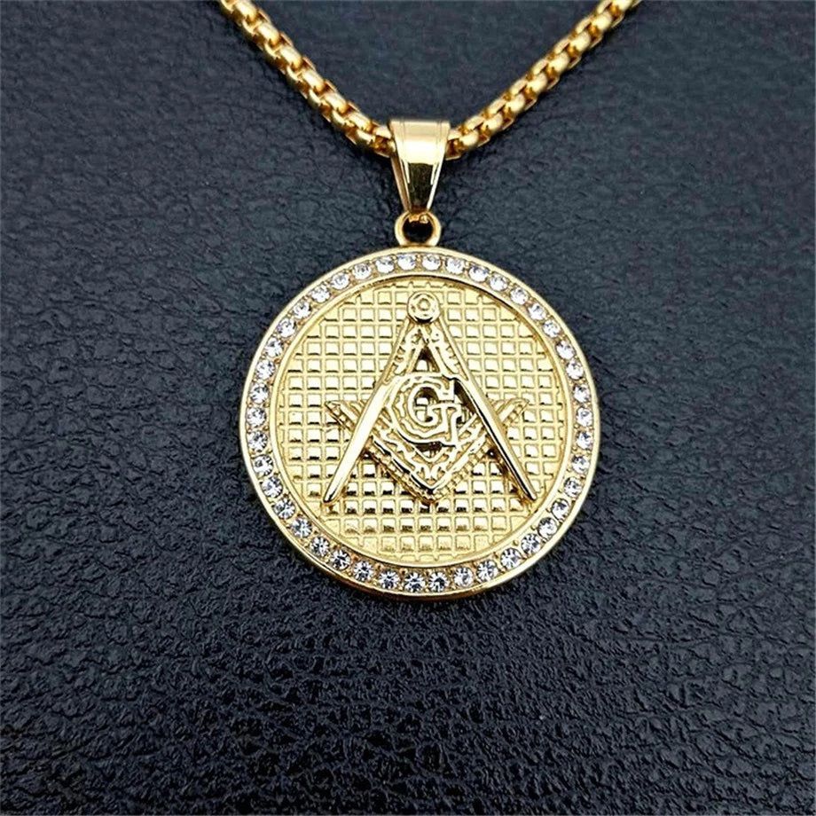Master Mason Blue Lodge Necklace - IcedOut Gold - Bricks Masons