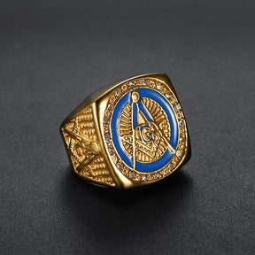 Master Mason Blue Lodge Ring - Square and Compass G Rhinestone - Bricks Masons