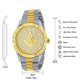 Gold & Silver Masonic Iced Out Metal Watch - Bricks Masons