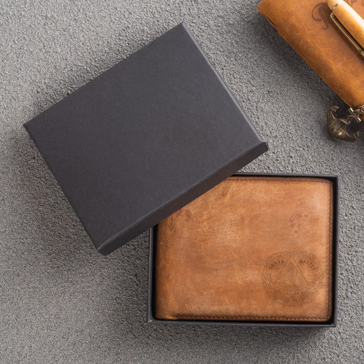 Handmade Leather Grand Master Blue Lodge Wallet - Light & Dark Brown - Bricks Masons