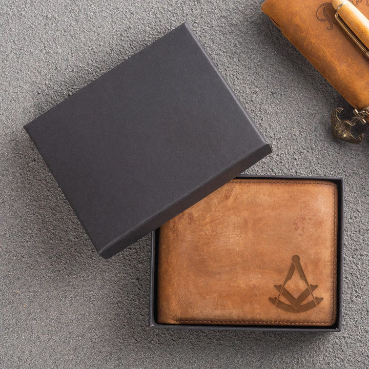 Handmade Leather Past Master Blue Lodge Wallet - Light & Dark Brown - Bricks Masons