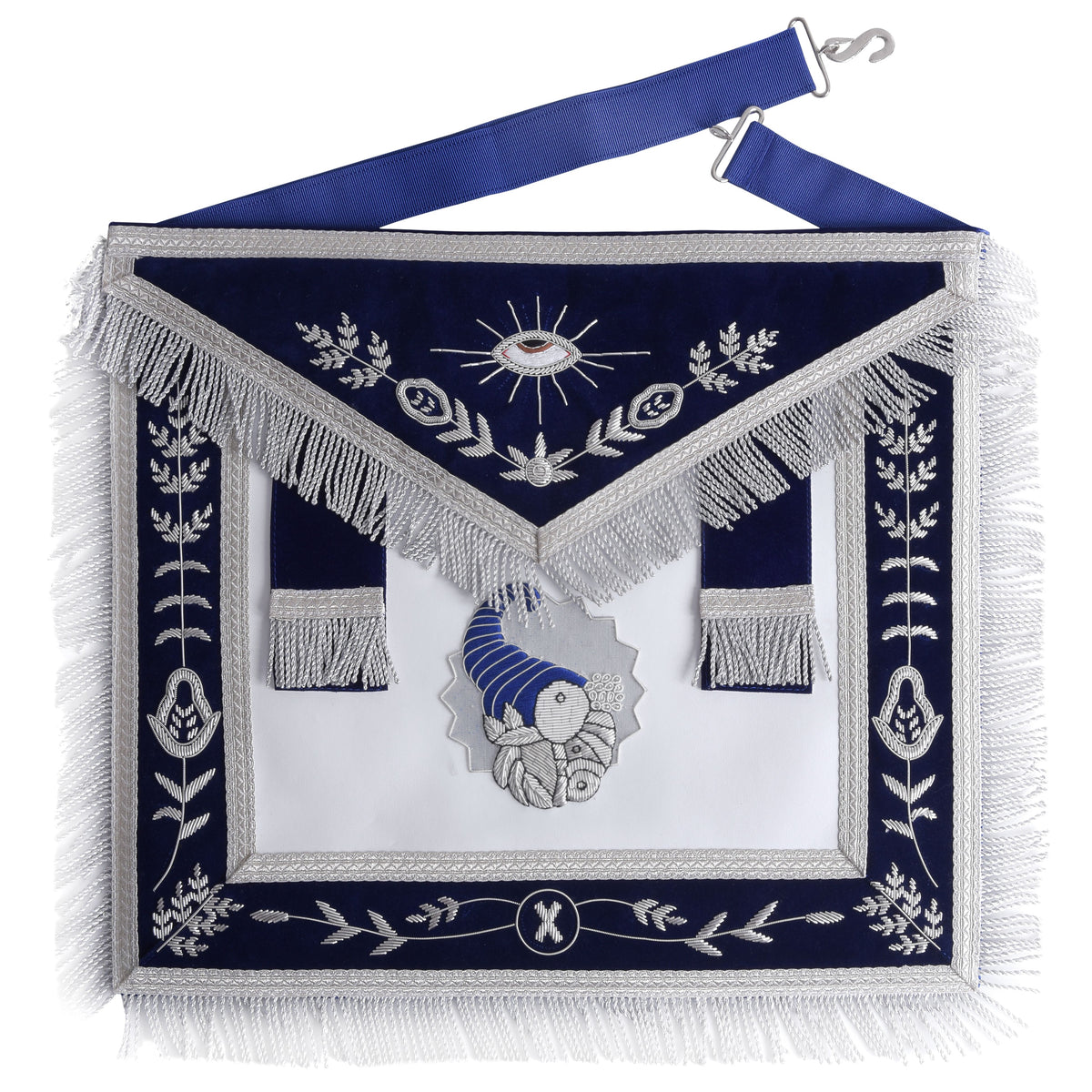 Junior Steward Blue Lodge Officer Apron - Navy Blue With Silver Side Tabs - Bricks Masons