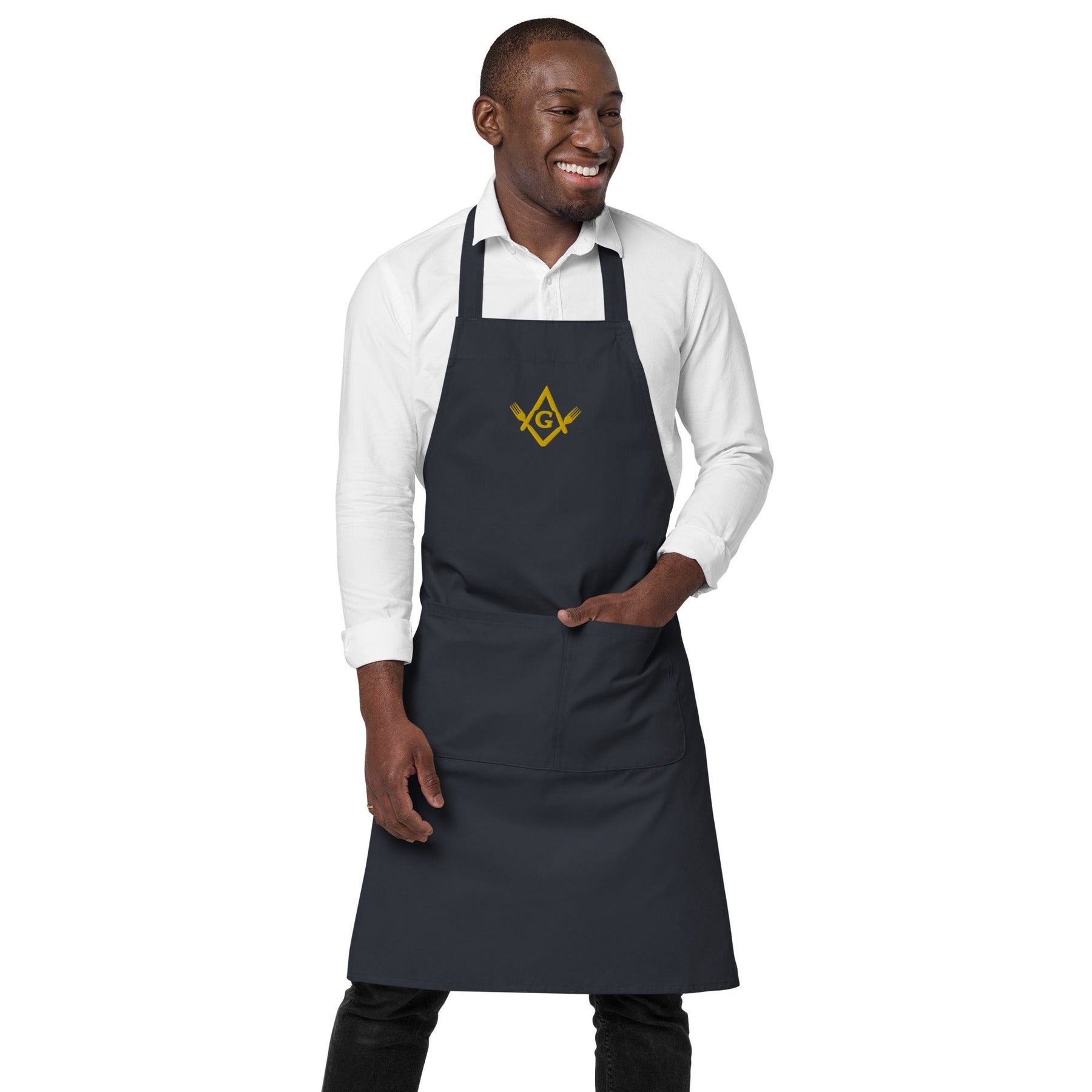 Master Mason Bllue Lodge Kitchen Apron - Fork Square and Compass G Embroidery - Bricks Masons