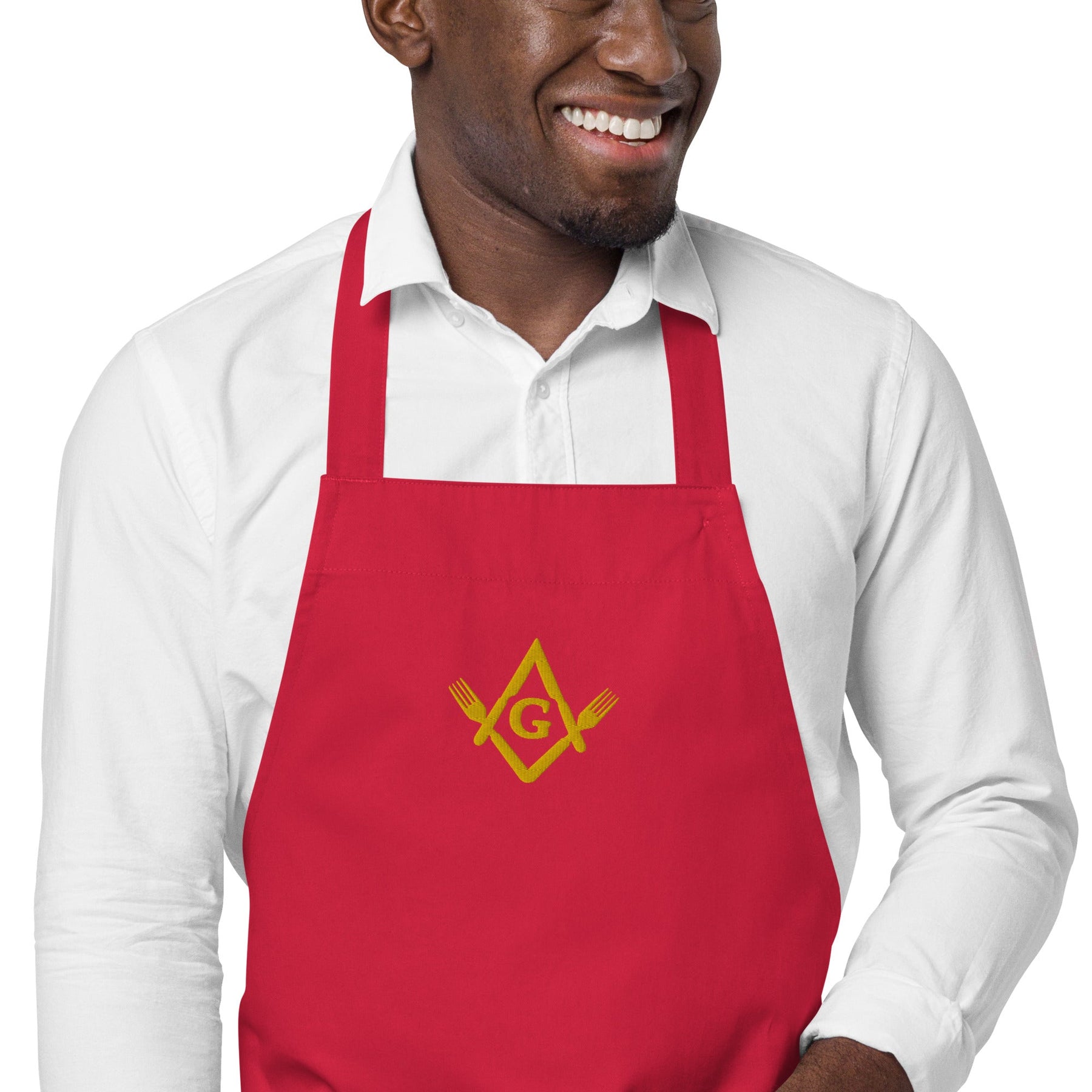 Master Mason Bllue Lodge Kitchen Apron - Fork Square and Compass G Embroidery - Bricks Masons