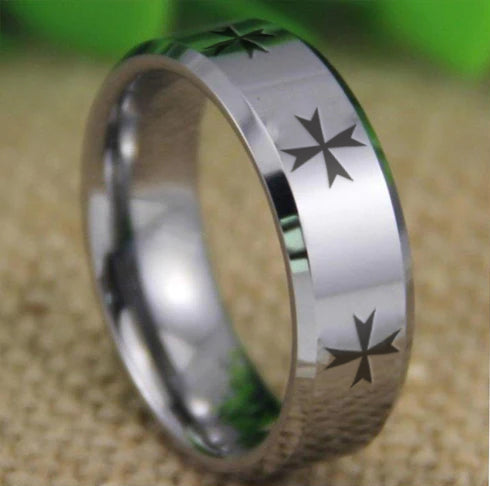 Order of Malta Commandery Ring - Silver Bevel Tungsten - Bricks Masons