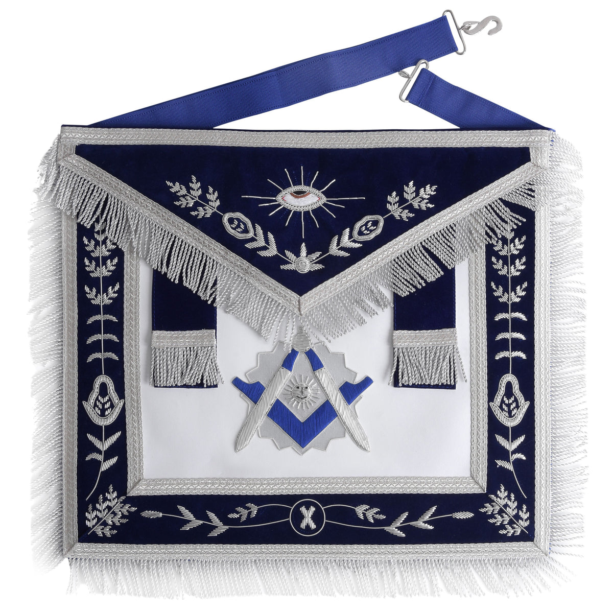 Senior Deacon Blue Lodge Officer Apron - Navy Blue Velvet With Fringe & Side Tabs - Bricks Masons